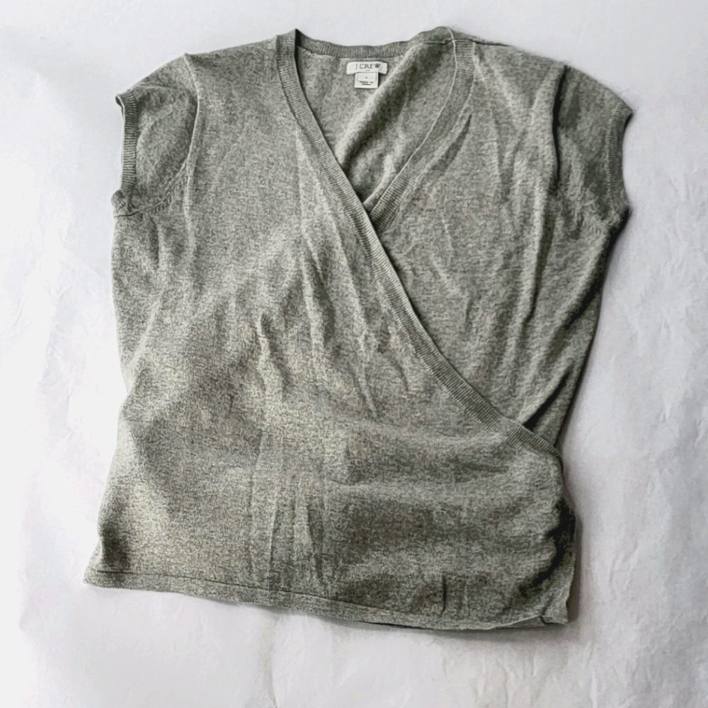 J. Crew Heathered Gray V-Neck Wrap Cap Sleeve Sweater